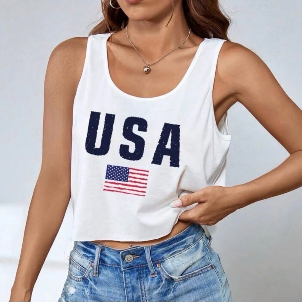 SHEIN White Crop Tank Top with Navy USA Print and Red Flag Accent